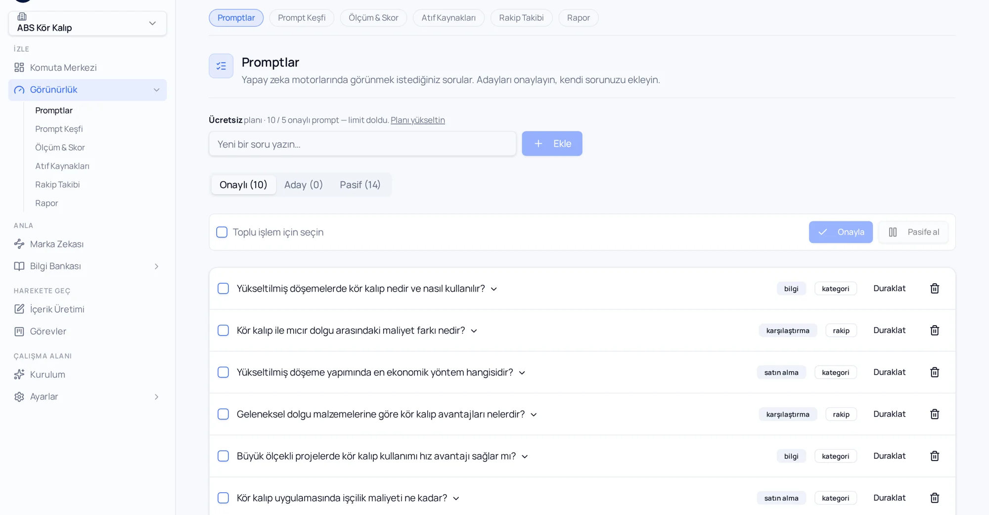 OneCite prompt takip ekranı: izlenen sorular ve yanıt detayları