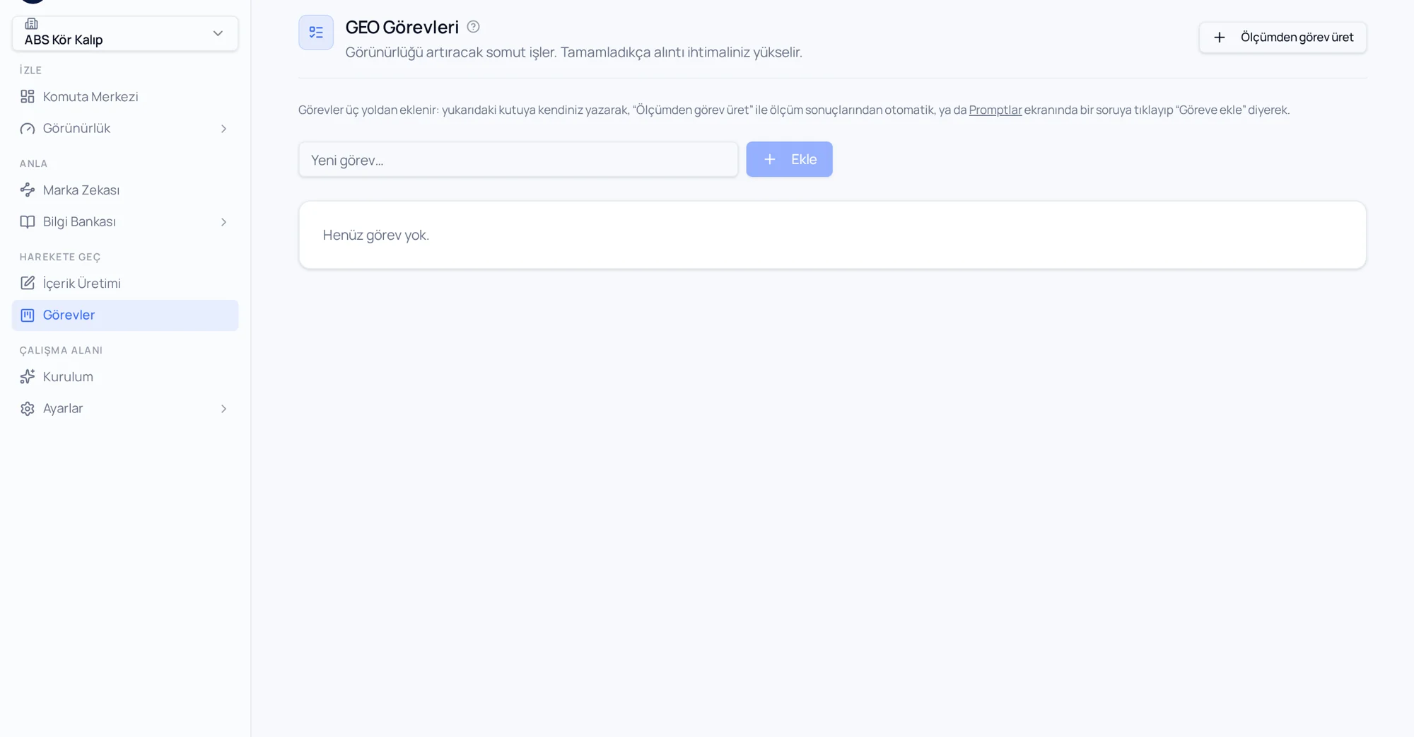 OneCite GEO görevleri ekranı: öncelikli aksiyon listesi