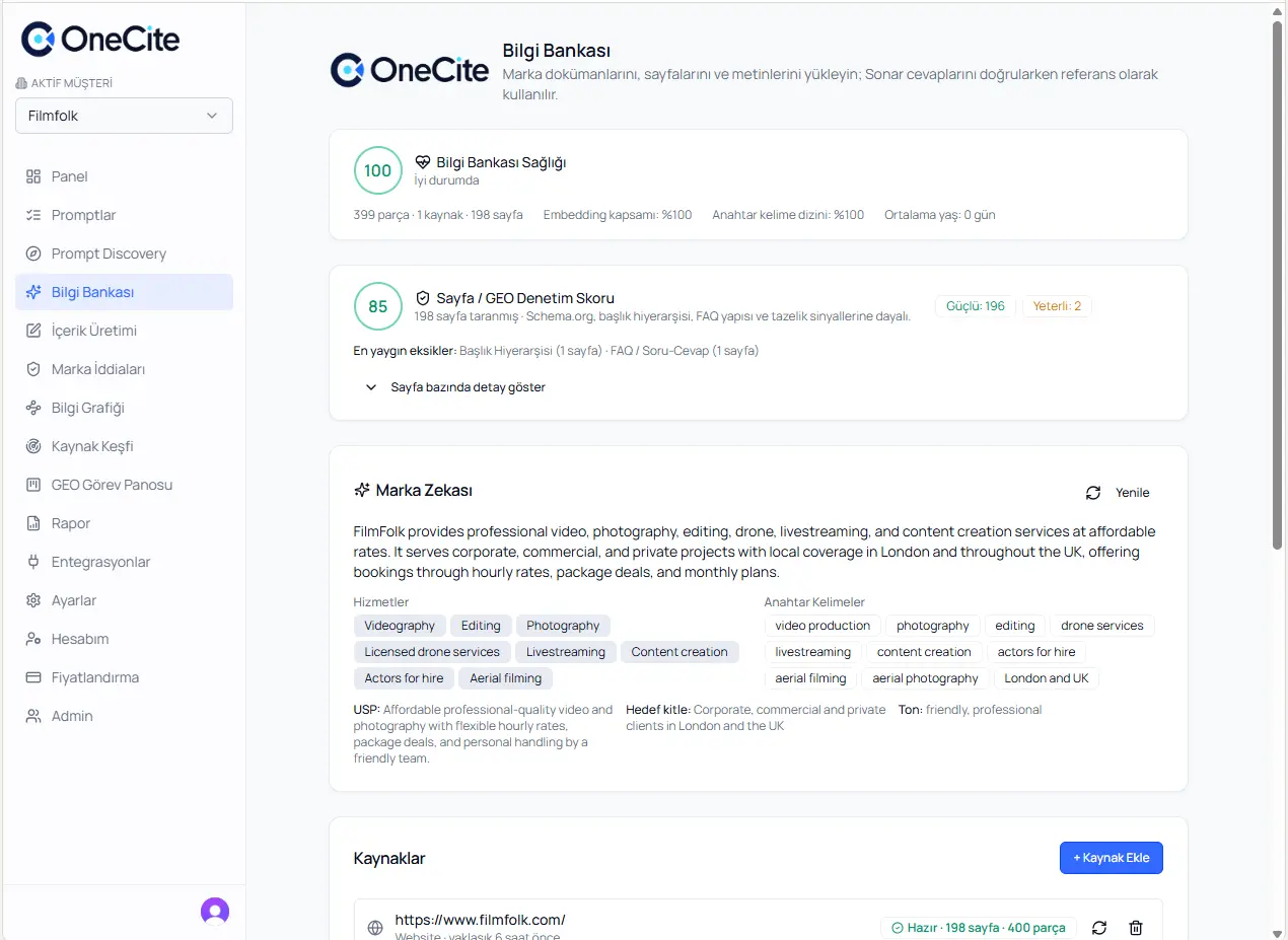 OneCite Bilgi Bankası — sayfa bazlı GEO denetim skoru ve marka zekası